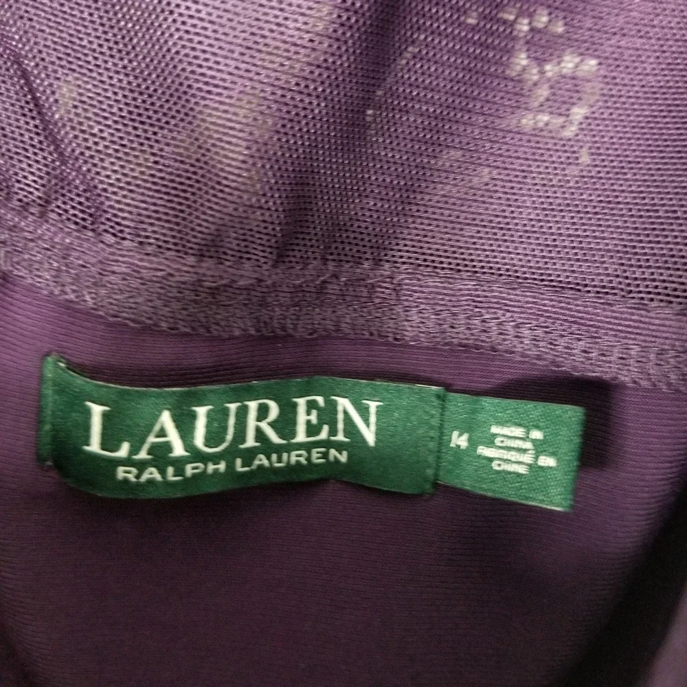 Lauren Ralph Lauren Sheath Dress Women 14 Purple Floral Lace V-Neck Scallop Hem